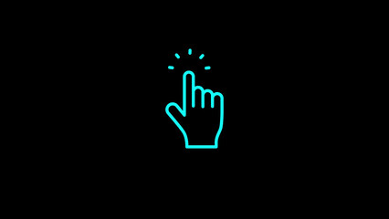Neon blue hand pointing finger clicking on black background ui design