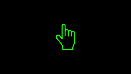 Green outline hand pointing up isolated against black background demonstrating interaction concept
