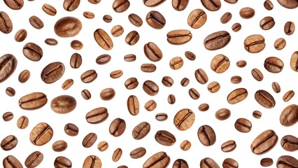 Roasted coffee beans scattered on a white background