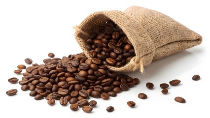 Fototapeta premium Roasted coffee beans spilling from a burlap sack