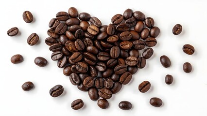 Obraz premium A heart shape is formed by dark roasted coffee beans on a white background