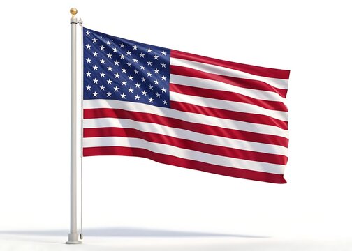 The american flag waves gracefully on a pole, its stars and stripes a vibrant symbol of freedom and national identity against a white background