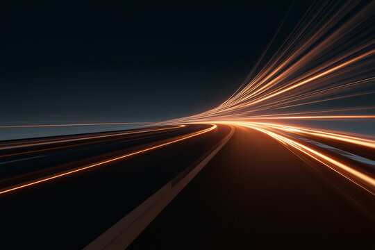 speed motion blurred glowing lines and road