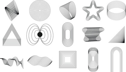 Set of Abstract Geometric Shapes in 4x4 Grid – Line Art Symbols and Decorative Pattern Icons Vector Illustration
