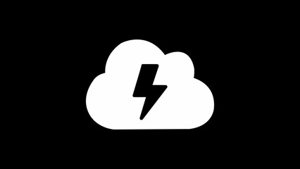 White cloud and lightning bolt icon on a black background illustrating weather and storms