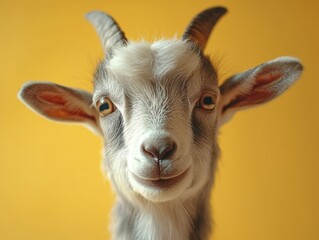 Obraz premium Close-up of a young goat with a happy expression, against a bright yellow background. The goat's fur is a mix of gray and white, and its large, expressive eyes are a striking contrast