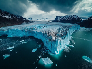 Aerial view of massive icebergs floating in crystal-clear turquoise water, set against a frozen white landscape under a brooding sky — showcasing the majestic, untouched beauty of the Arctic.

