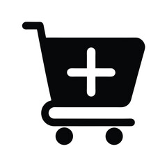Shopping cart with plus symbol silhouette for ecommerce online store and add to cart icon