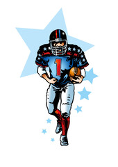 American football player running with the ball on a graphic background with stars