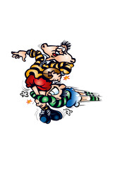 Rugby player running with the ball is tackled by an opponent