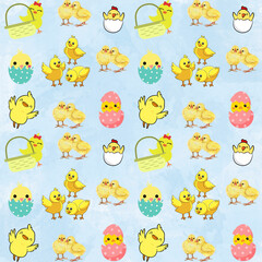 Fototapeta premium Seamless pattern featuring cute Easter chicks, baskets on a light blue background