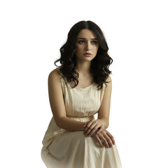 Pensive Young Woman in Cream Dress Studio Portrait