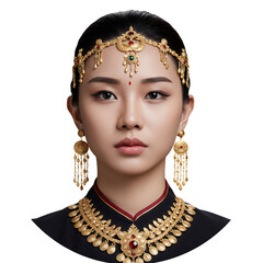 Portrait of a Young Woman in Gold Jewelry Against a Black Background