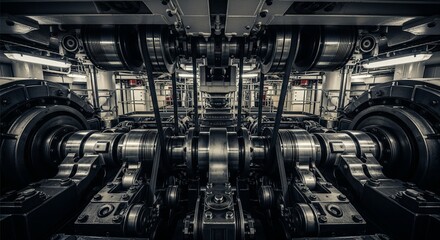 Ship's Engine Room: Multiple Pistons & Moving Belts Under Dim Light