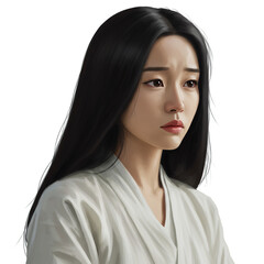 Portrait of a Young Woman in a White Robe with Long Black Hair