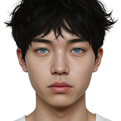 Close up Portrait of Young Man with Blue Eyes and Short Black Hair