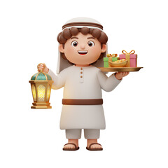 Smiling Boy in White Robe Holds Lantern and Gifts