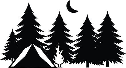 Camping wreath silhouette with campfire tent and trees design
