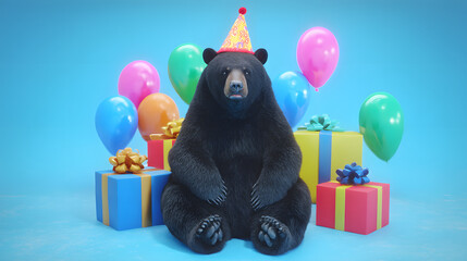 A black bear wearing a birthday hat sitting in front of many colorful wrapped presents, creating a cute and humorous scene perfect for children’s celebrations and whimsical designs.
