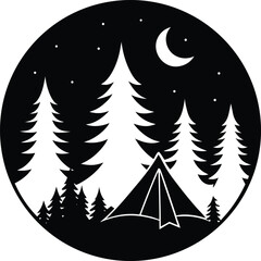 Camping wreath with campfire tent and nature elements silhouette