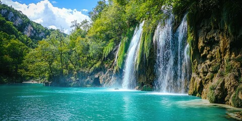 A waterfall plunging down steep cliffs into a turquoise lagoon