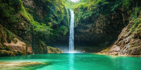 A waterfall plunging down steep cliffs into a turquoise lagoon