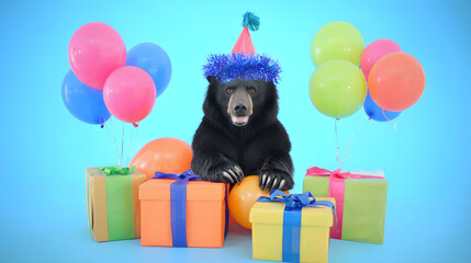A black bear wearing a birthday hat sitting in front of many colorful wrapped presents, creating a cute and humorous scene perfect for children’s celebrations and whimsical designs.

