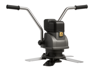 A battery-operated power trowel with foldable handles for easy transport and use in multi-story building projects.