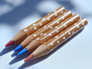 Close-up of four colored pencils, light beige bodies with white polka dots, resting on a light blue surface. Shadows from an outside light source are visible