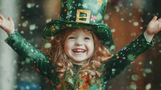 A young girl dressed in a St. Patrick's Day costume, laughing and enjoying the festive atmosphere at an Irish parade or celebration.