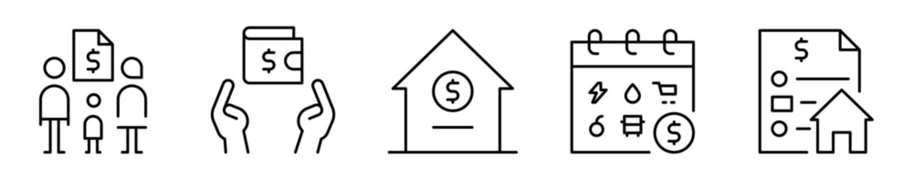 Conjunto de iconos de presupuesto familiar. Recursos econ&oacute;micos del hogar. Administraci&oacute;n, control del dinero, finanzas, planificaci&oacute;n mensual y patrimonio
