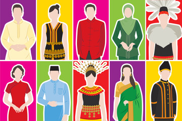Vector illustration of colours of Malaysia. Malay, Indian, Chinese, India, Kadazan, Iban. Flat design. Malaysia main ethnic groups with traditional costume