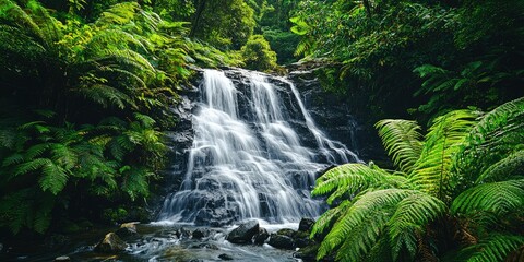 Fototapeta premium A waterfall surrounded by ferns and lush greenery