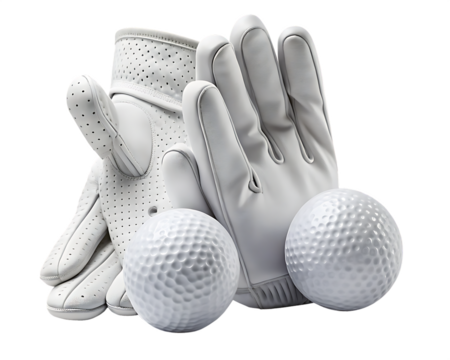 Mockup of a white sporty golf gloves with golf ball on the fingers, isolated on white background , PNG