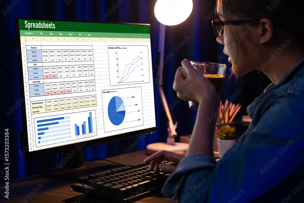 Poster spreadsheet document information financial startup concept. data and graphs in spreadsheet documents