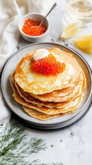 A vibrant Russian brunch dish featuring traditional blini topped with red roe and dill. Styled from a top view with rustic plating for a cultural culinary showcase.