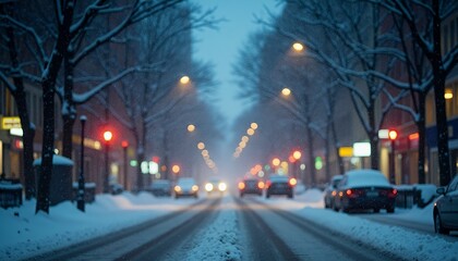 Snowfall on a City Street at Night