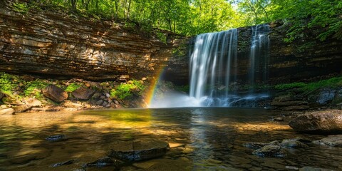 Fototapeta premium A waterfall with rainbow reflections in the morning light