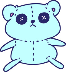 freehand drawn cartoon of a cute stiched up teddy bear in bright neon color