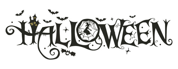 Editable Halloween banner design with bats, full moon, ominous branches and pretty witch vector logo

