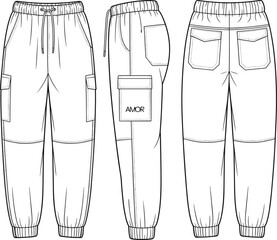 Fashion Flat Sketch and Technical Drawing of Cargo Jogger Pants with Pockets and Drawstring, Front, Side, and Back Views, Ideal for Apparel Design and Clothing Illustrations