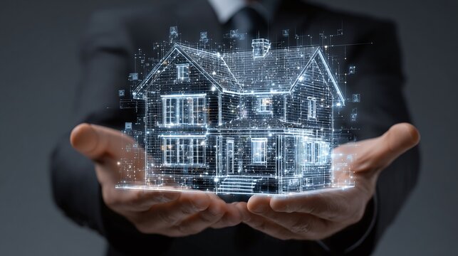 Digital house concept: Man presenting a modern home design with digital interface, highlighting innovation in real estate and architectural design.