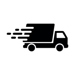 Silhouette vector icon of a fast-moving shipping and delivery truck, symbolizing logistics, express delivery, transportation, courier services, freight movement, shipping speed and business logistics