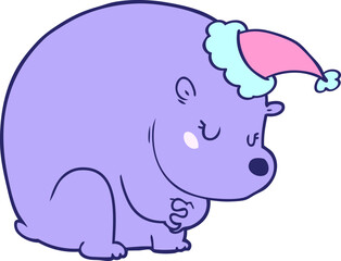 cute hand drawn line drawing of a polar bear wearing santa hat in bright neon color