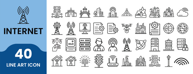 Internet & Network Outline Icon Set. Linear style icons for web, communication, server, connection, computer, cloud, wifi, data transfer, router, and digital technology.