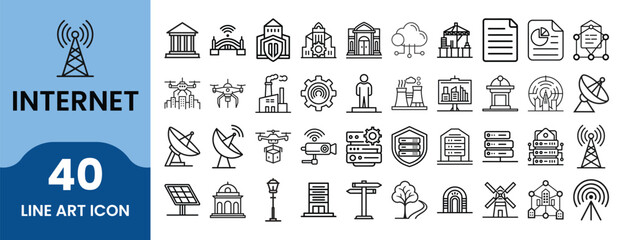 Internet & Network Outline Icon Set. Linear style icons for web, communication, server, connection, computer, cloud, wifi, data transfer, router, and digital technology.