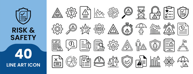 Risk & Safety Icon Set. Outline vector icons including shield, warning, lock, gear, document, magnifier, hourglass, umbrella, person, and security symbols.