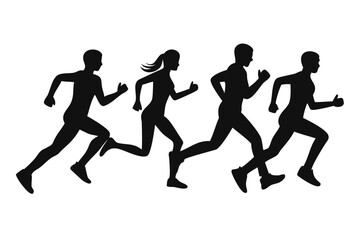 Diverse group of runners silhouetted against a black background in motion