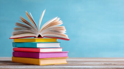 Colorful books stacked with an open book on top against a blue background, evoking knowledge, learning, and the joy of reading.