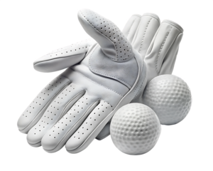 Mockup of a white sporty golf gloves with golf ball on the fingers, isolated on white background , PNG